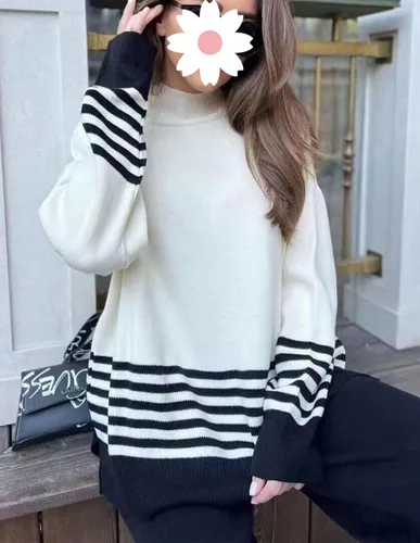 Vista 4 de Conjunto de 2 piezas para mujer, de punto, de manga larga, a rayas, sin botones y pantalones de pierna ancha