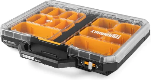 Vista 11 de ToughBuilt StackTech Bolsa de herramientas con cremallera de 11 pulgadas, sistema de bloqueo automático con apertura amplia, tela 1680D y base dura