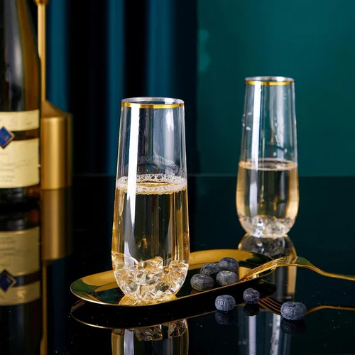 Vista 3 de N9R Copas de champán de plástico, 12 vasos desechables sin tallo de 9 onzas, vasos de tostado con borde dorado, vasos de cóctel transparentes