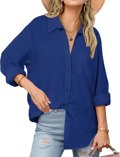 Vista 24 de Zeagoo - Blusas de lino con botones para mujer, de gasa, algodón, manga larga, blusas informales con cuello, corte holgado