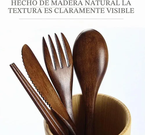 Vista 3 de Juego de cubiertos de madera portátiles para viajes y campamento, juego de 4 piezas con cuchara de madera reutilizable, tenedor, cuchillo y palillos