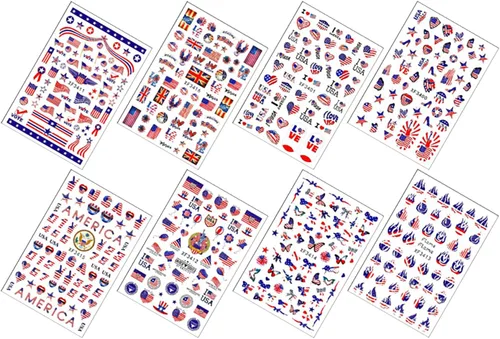 Vista 6 de RIICFDD 8 hojas de calcomanías para uñas del 4 de julio, autoadhesivas 3D de bandera de Estados Unidos para arte de uñas, calcomanías del día