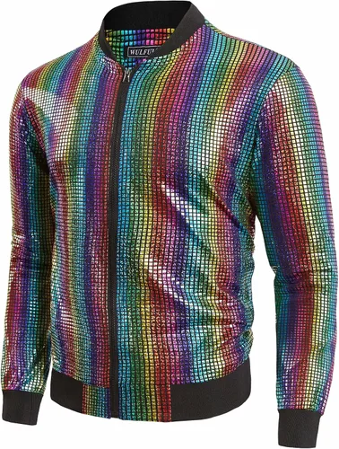 Vista 3 de WULFUL Men's 70s Disco Costume Party Sequin Metallic Varsity Bomber Jacket