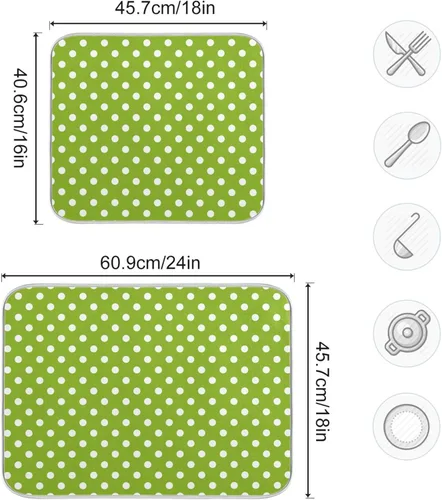 Vista 3 de Tapete de secado de platos verde para cocina, tapete de secado de microfibra verde menta con lunares blancos, tapete de secado de microfibra