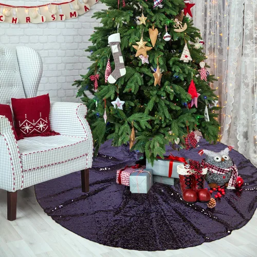 Vista 2 de Falda de árbol de Navidad pequeña de lentejuelas de 24 pulgadas, color negro, para árbol fino de 1.5 pies, decoración de Navidad, faldas de árbol
