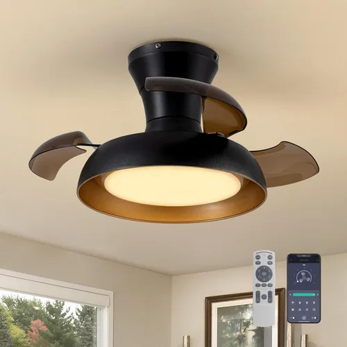 Vista 10 de Ventilador de techo retráctil moderno de 71 cm con luz, control remoto, regulable, 6 velocidades, reversible, pequeña luminaria de techo, sin aspas