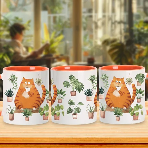Vista 3 de Hyturtle Bonita taza de café de gato naranja, regalos de Navidad para mamá de gato, regalo de decoración de plantas para amantes de las plantas