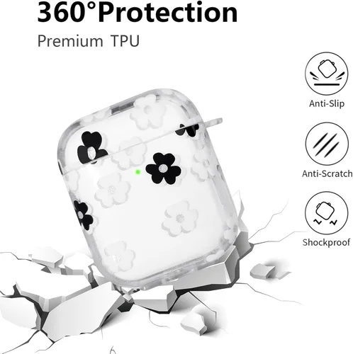Vista 3 de Funda compatible con AirPods, funda de TPU suave con bonito patrón de flores para AirPods de 2 y 1 generación con llavero colgante y mosquetón