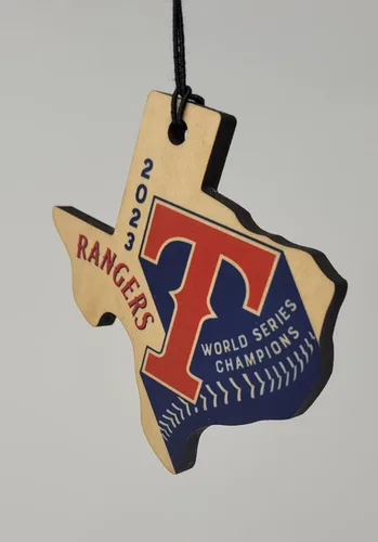 Vista 2 de Adorno de madera de Texas 2023 Serie Mundial de béisbol con forma de Texas