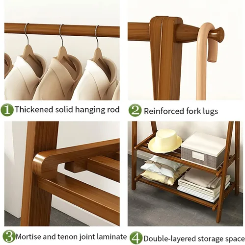 Vista 3 de Perchero de madera de bambú, con estantes de almacenamiento, estante para colgar ropa, para entrada, sala de estar, dormitorio