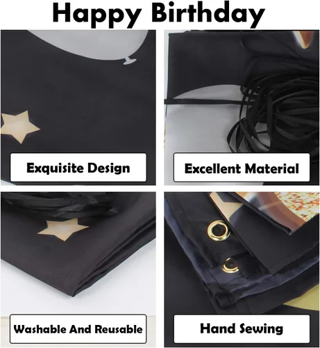 Vista 3 de Telón de fondo de pancarta de feliz cumpleaños 31 – Suministros de decoración de fiesta de cumpleaños 31 para hombres – Negro dorado 4 x 6 pies