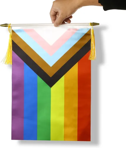 Vista 6 de CANTENDO Paquete de 2 banderas de pared con diseño de arco iris del progreso del orgullo progresivo, bandera colgante gay LGBTQ con poste colgante