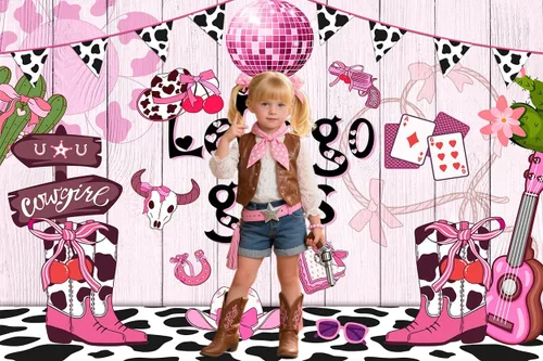 Vista 2 de Fondo de vaquera rosa de 5 x 3 pies con estampado de vaca disco occidental para niñas, cumpleaños, despedida de soltera, adolescente, decoración
