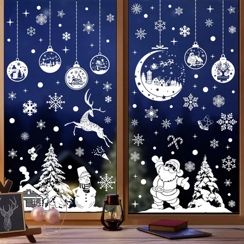 Vista 4 de Calcomanías navideñas para ventana, 9 hojas, 262 unidades, reutilizables, de doble cara, estampadas, autoadhesivas, para fiestas de invierno