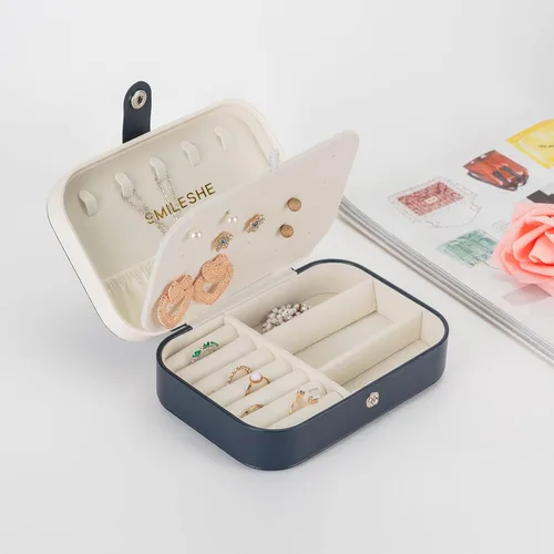 Vista 2 de Smileshe Joyero, estuche de viaje portátil pequeño de piel sintética, organizador de 2 capas, cajas de almacenamiento para anillos, aretes