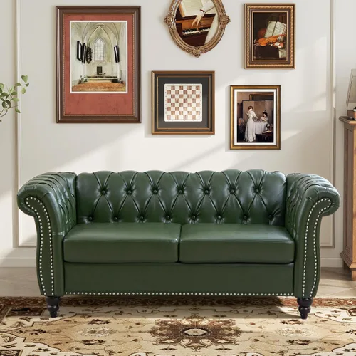 Vista 28 de LEVNARY Sillón Tapizado en Cuero, Silla Sofá Individual Estilo Mediados de Siglo Moderno con Brazos Curvos y Tachuelas, Silla Chesterfield de Cuero