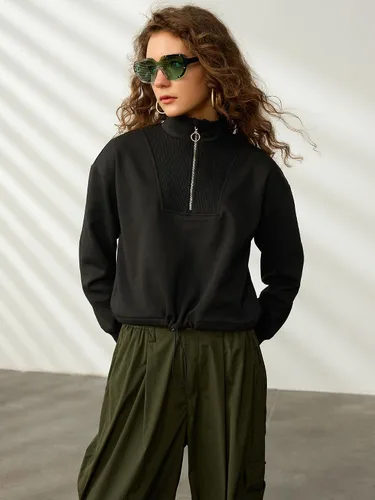 Vista 3 de SILKWORLD Sudadera corta con cremallera de un cuarto para mujer, manga larga, cuello alto, cordón ajustable, con bolsillos