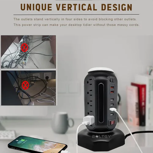 Vista 4 de Estación de carga rápida total de enchufe plano, protector con 15 salidas de CA y 6 puertos USB (2 de carga rápida), regleta de alimentación