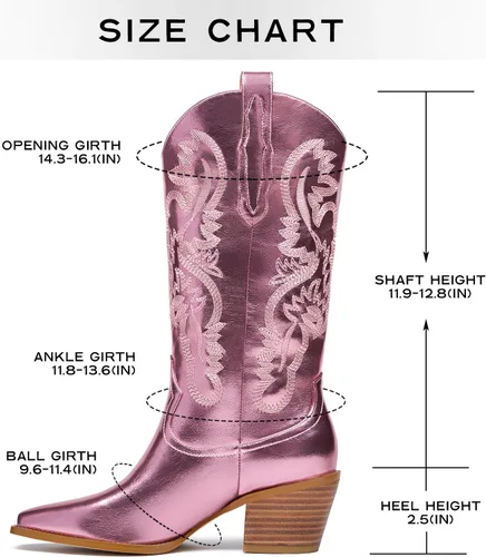 Vista 2 de GOSERCE Botas vaqueras para mujer Botas vaqueras metálicas de media pantorrilla con bordado, brillantes, estilo occidental, de pantorrilla ancha