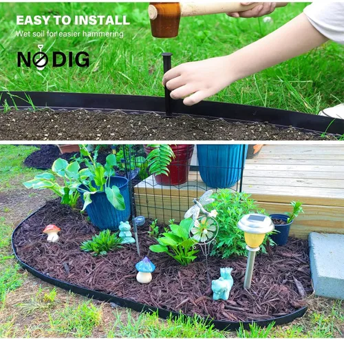 Vista 4 de Bordes de jardín de 1.5 pulgadas x 98 pies, bordes de paisaje negro con 150 estacas de plástico, valla flexible de bricolaje para paisajismo, cama