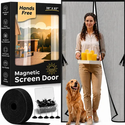 Vista 10 de Puerta mosquitera magnética manos libres, resistente, protector de malla de puerta de mosquitero autosellado, apto para mascotas y niños, hebilla