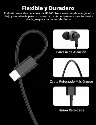 Vista 6 de Auriculares USB C con cable con micrófono para Samsung Galaxy S24/S23/S26