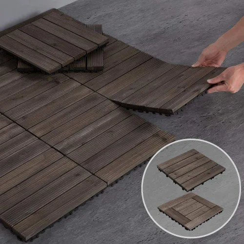 Vista 7 de Yaheetech 44 baldosas de madera de 12 x 12 pulgadas entrelazadas para patio, jardín, balcón, revestimiento de suelo al aire libre para camino junto