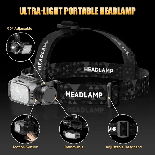 Vista 7 de ATDOALL Linterna frontal LED recargable, lámpara de cabeza súper brillante de alto lumen con luz roja, sensor de movimiento, 5 modos, ajustable a