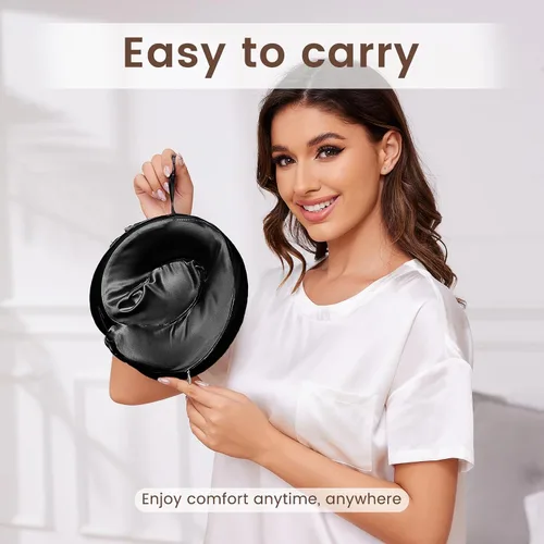 Vista 7 de THXSILK Almohada de cuello 100% seda de morera para viajes y avión, almohada de viaje de espuma viscoelástica para soporte de cuello en coche y Negro