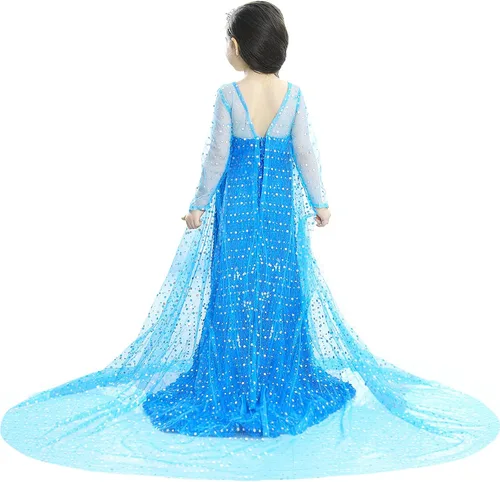 Vista 2 de Esvaiy Disfraz de princesa Elsa para niñas, de lujo, lentejuelas, Halloween, fiesta de cumpleaños, vestido para niños 3t 4t 5t 6t 7t 8t