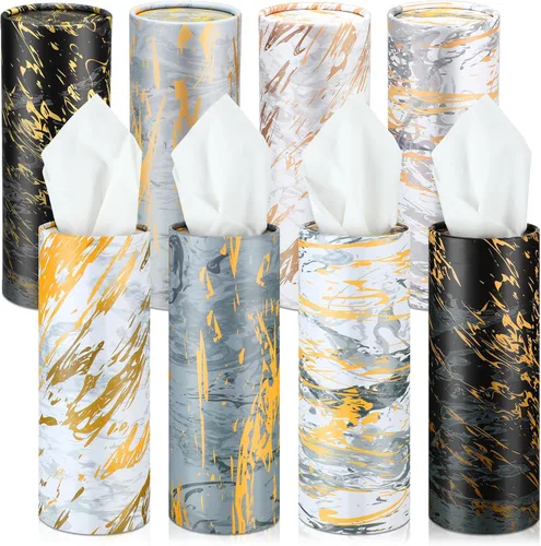 Vista 10 de Thenshop Paquete de 12 soportes para pañuelos de automóvil de 3 capas de tejido facial a granel mármol moderno, cilíndrico, cajas redondas de viaje