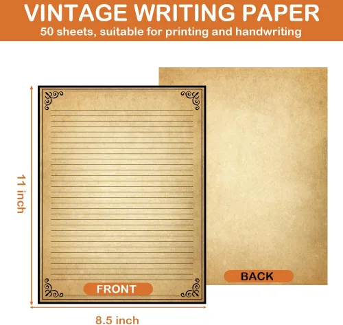 Vista 3 de Papel rayado vintage con diseño de borde antiguo, 50 hojas, papel de papelería para escribir cartas, 100 gsm, 11 x 8.5 pulgadas, papelería