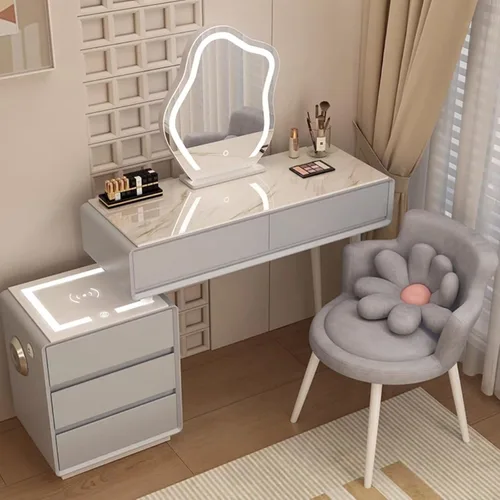 Vista 12 de Tocador con espejo con luces, mesa de tocador con cajones, mesa de maquillaje blanca, 3 modos de iluminación de brillo ajustable, para dormitorio