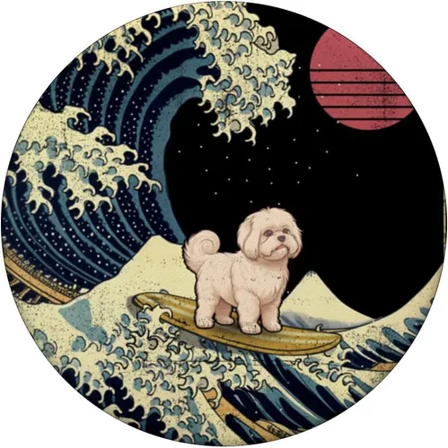 Vista 3 de Maltese Japanese Kanagawa Wave Funny Surf Dog PopSockets Swappable PopGrip