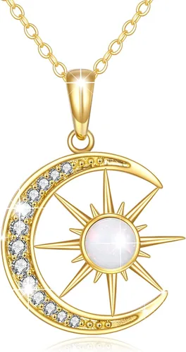 Vista 8 de KECHO Collar con dije de luna de oro de 14 quilates para mujer, oro amarillo real, luna creciente y estrella, collar con dije de ópalo de estrella