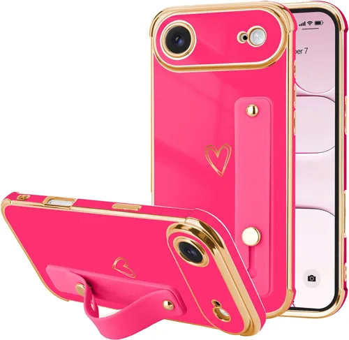 Vista 64 de LLZ.COQUE Funda compatible con iPhone 12 para mujeres y niñas, parachoques chapado de lujo con bonito diseño de corazón de amor, soporte de correa