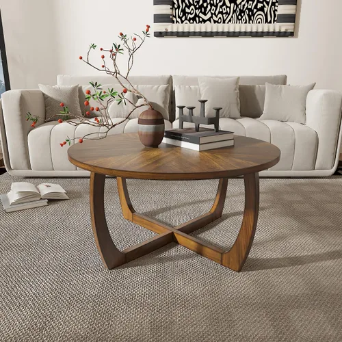 Vista 6 de Mesa de centro redonda de madera, mesas de centro de madera maciza para sala de estar, mesa de centro moderna de mediados de siglo con patas
