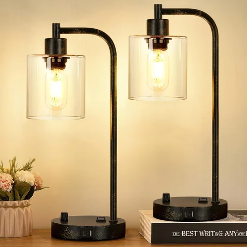 Vista 11 de Juego de 2 lámparas de mesa industriales negras y doradas con puerto USB, lámparas de noche regulables totalmente continuas para dormitorios Vidrio