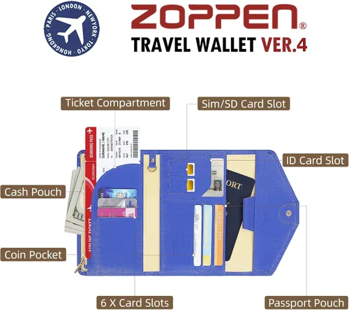 Vista 21 de Zoppen - Billetera de viaje con bloqueo RFID multiusos (Ver.4) Portatarjetas de pasaporte y vacunas, organizador de documentos de tres pliegues