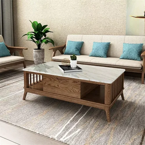 Vista 5 de Mesa auxiliar para sofá de sala de estar, mesa auxiliar de madera moderna con cajón y estante de almacenamiento, decoración rectangular elegante