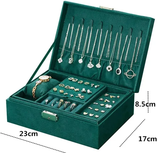 Vista 5 de Joyero portátil de viaje de doble capa con terciopelo verde organizador de exhibición para aretes collar y anillo color verde