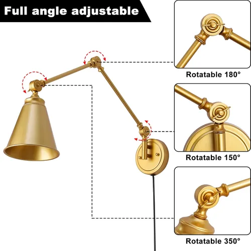Vista 4 de Moderno aplique de pared enchufable, lámpara de pared inalámbrica de latón dorado con brazo oscilante para dormitorio, accesorios de pared