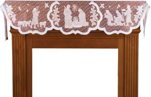 Vista 2 de DoubleWood 20 x 90 pulgadas, decoración de Navidad, bufanda de chimenea, paño de chimenea de encaje blanco con Jesús, decoraciones de Navidad