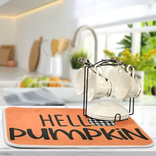 Vista 5 de Tapete de secado de platos naranja Hello Pumpkin para cocina, otoño, cosecha, tapete de secado de microfibra, absorbente y reversible, tapete grande