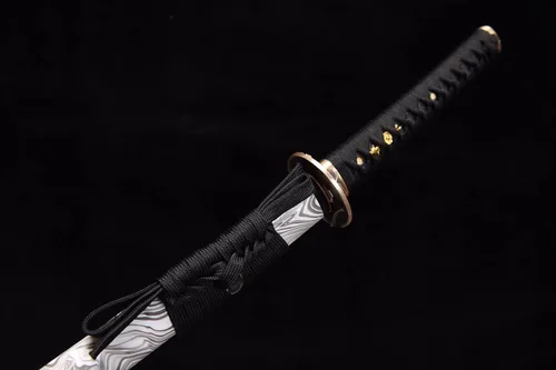 Vista 8 de Espada Katana templada de arcilla hecha a mano de 41 pulgadas, espada samurai de espiga completa de acero, mango de piel de rayos reales, tsuba