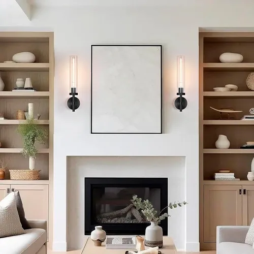 Vista 5 de Apliques de pared modernos en negro con cableado integrado, aplique de pared de 21'' con textura estriada para baño, aplique de pared