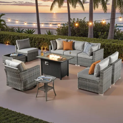 Vista 8 de ovios Juego de muebles de patio al aire libre de 5 piezas con mesa de café, conjunto seccional de muebles de patio con sofá de mimbre para todo tipo