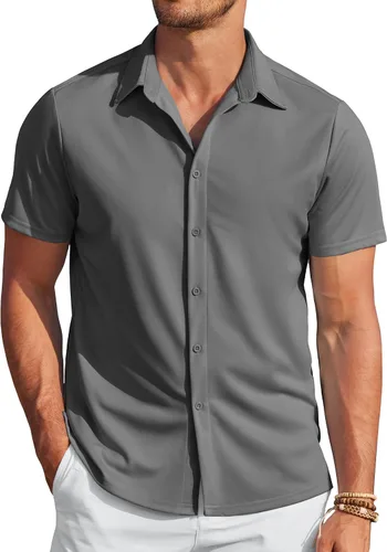Vista 10 de COOFANDY - Camisas sin arrugas para hombre, casual, manga corta, con botones, de verano, elástica, de vestir