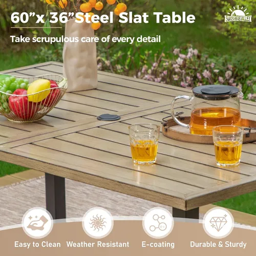 Vista 6 de SUNSHINE VALLEY Juego de 7 sillas de comedor para patio, material metálico, 6 sillas de comedor de color teca rectangular con agujero para sombrilla