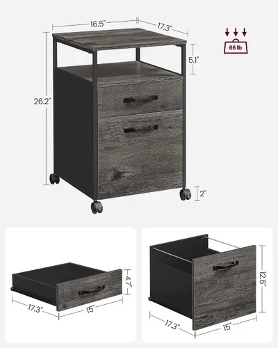 Vista 3 de VASAGLE Archivador móvil con ruedas, 2 cajones, estante abierto, para A4, tamaño carta, carpetas colgantes, gris carbón y negro tinta UOFC071B04
